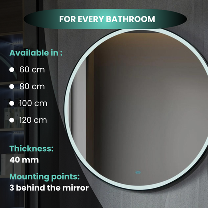 Round mirror 60 cm with black frame, LED lighting and anti-condensation coating