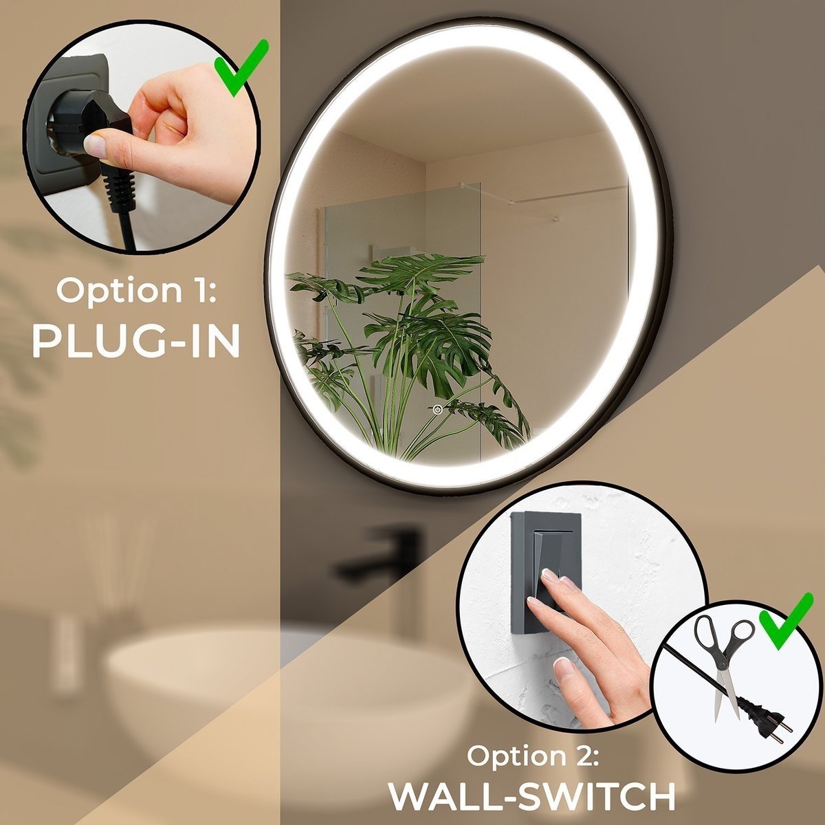 Round mirror 60 cm with black frame, LED lighting and anti-condensation coating