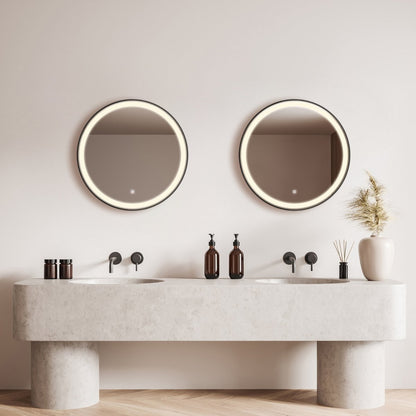 Round mirror 60 cm with black frame, LED lighting and anti-condensation coating
