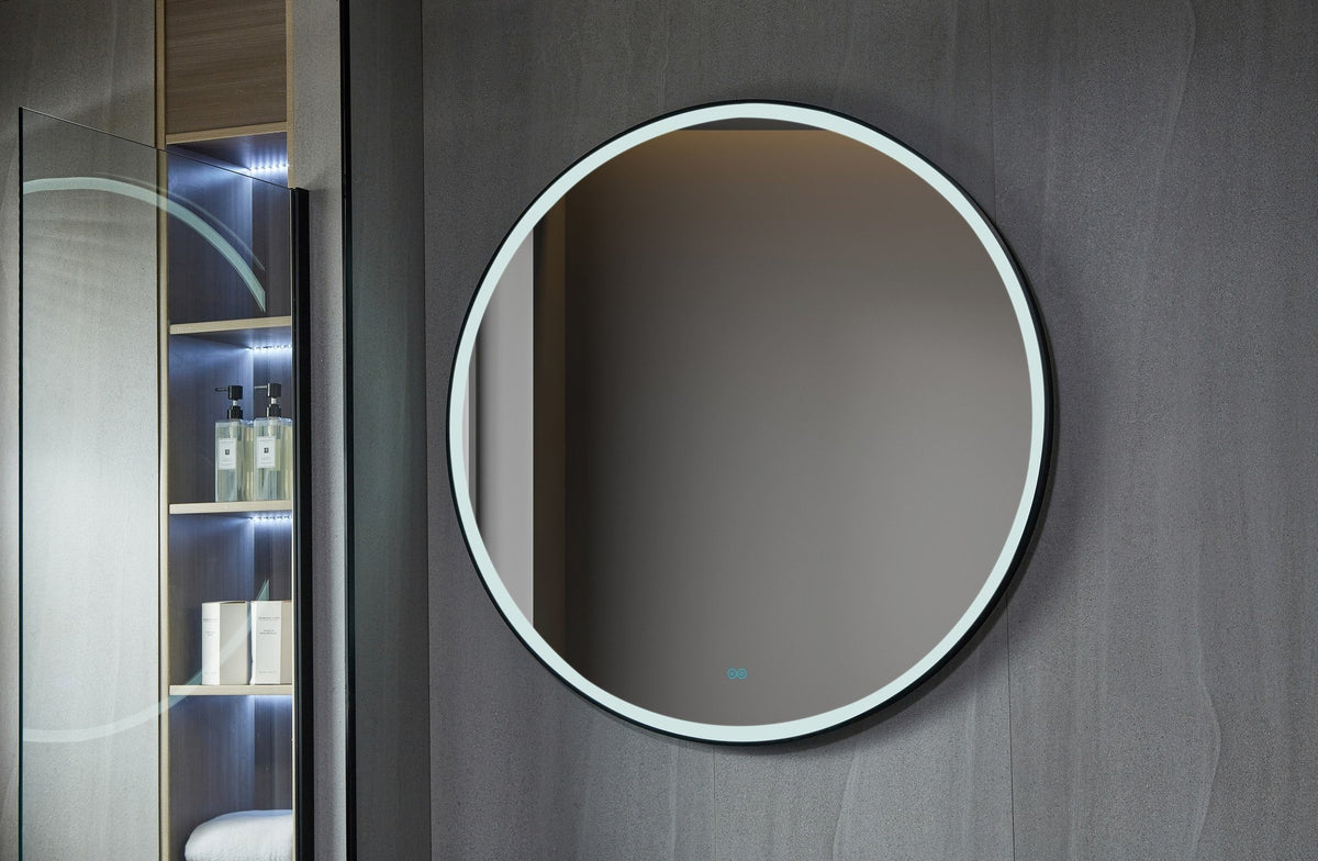 Round mirror 60 cm with black frame, LED lighting and anti-condensation coating