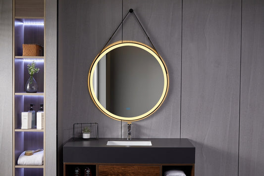 Round 80cm mirror with trendy band, black frame, recessed LED lighting and anti-fog finish
