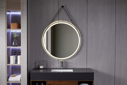 Round 80cm mirror with trendy band, black frame, recessed LED lighting and anti-fog finish