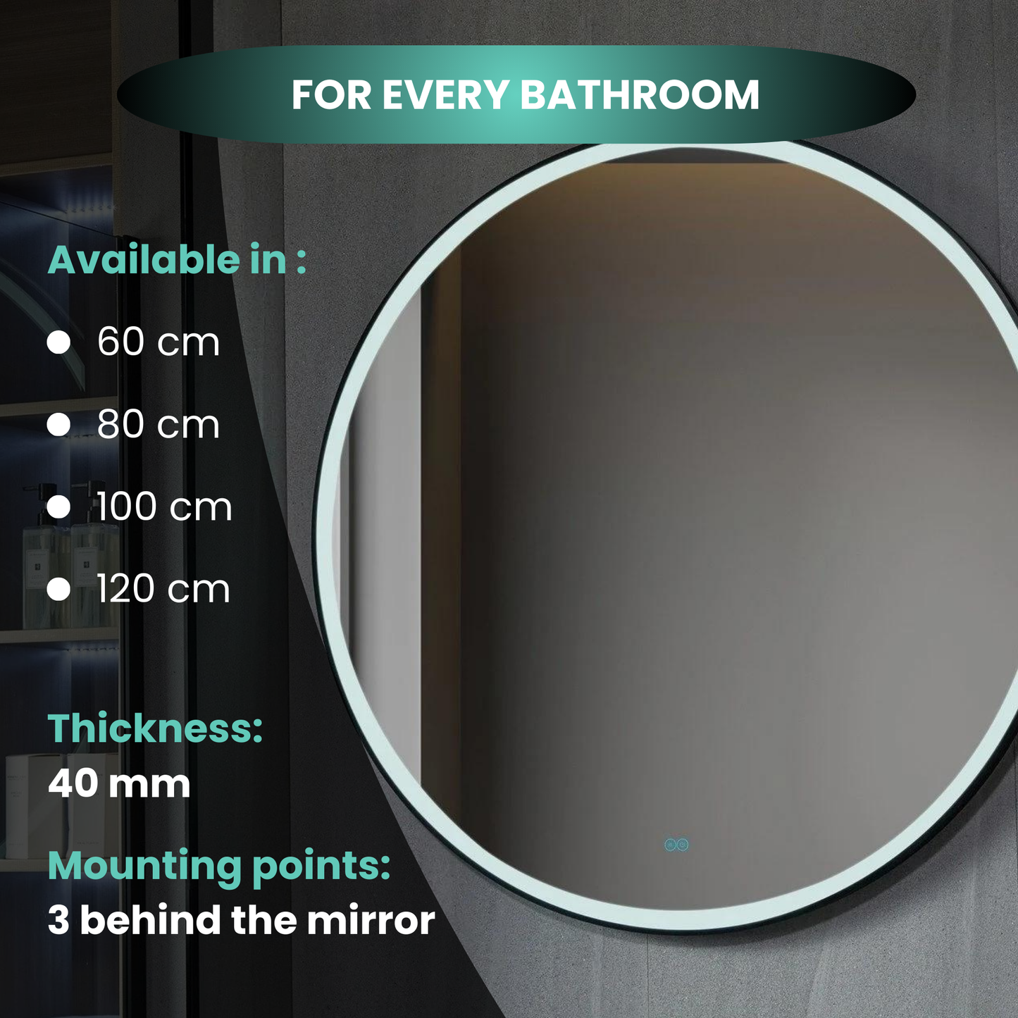 Miroir rond 80 cm avec cadre noir, éclairage LED et anti-condensation