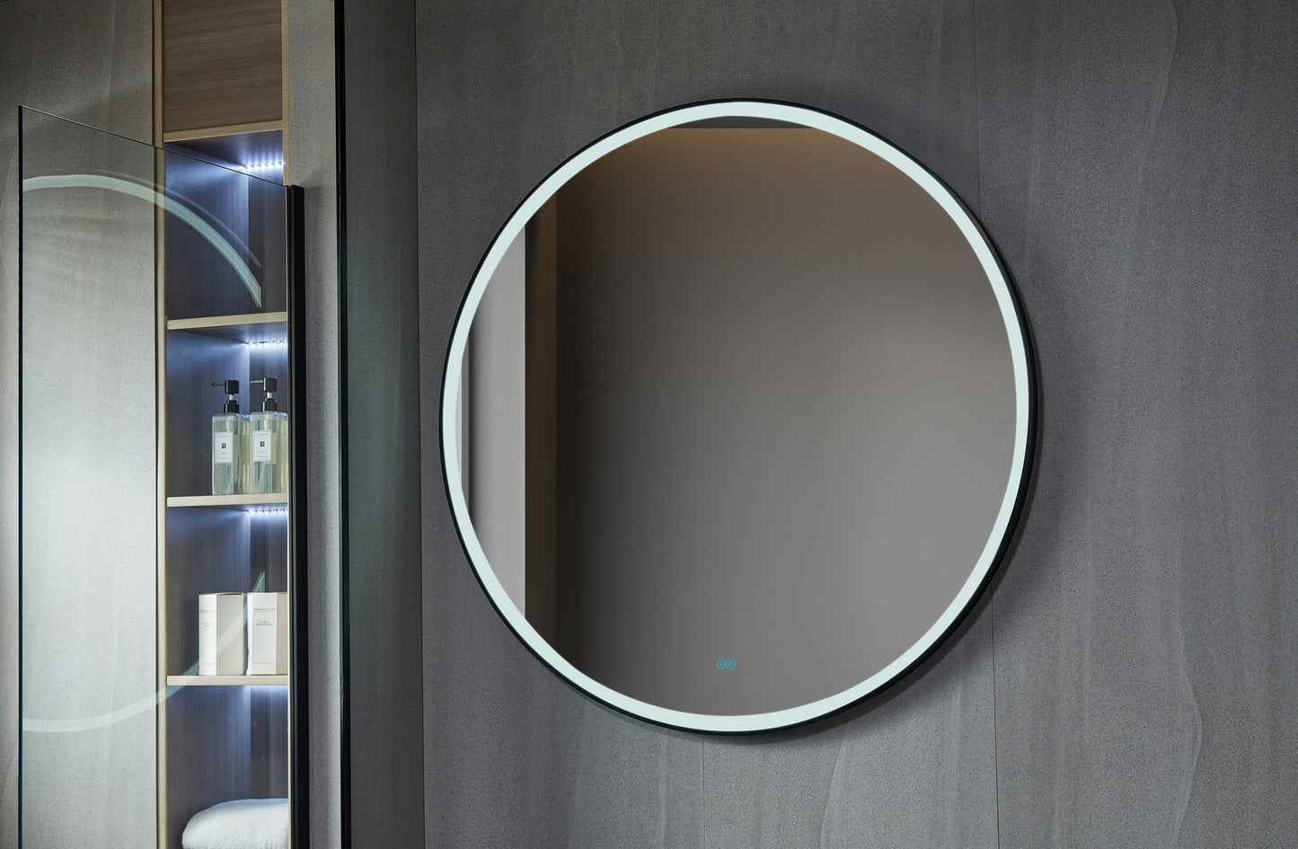 Miroir rond 80 cm avec cadre noir, éclairage LED et anti-condensation