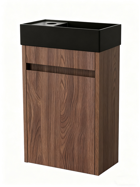 Nurion Meuble de salle de bain Emma - lavabo noir mat et armoire en noyer - 41 x 22,5 x 65 cm