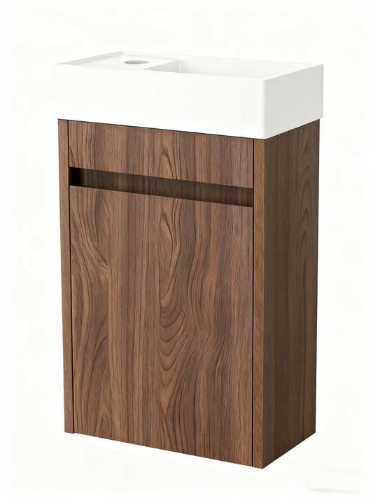 Nurion Meuble de toilette Vince - lavabo blanc brillant et armoire en bois foncé - 41 x 22,5 x 65 cm