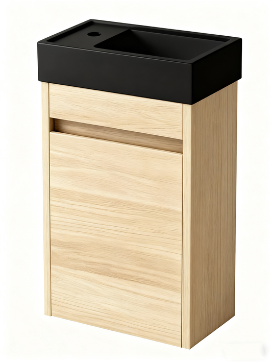 Nurion Meuble de toilette Sam - lavabo noir mat et armoire en bois clair - 41 x 22,5 x 65 cm