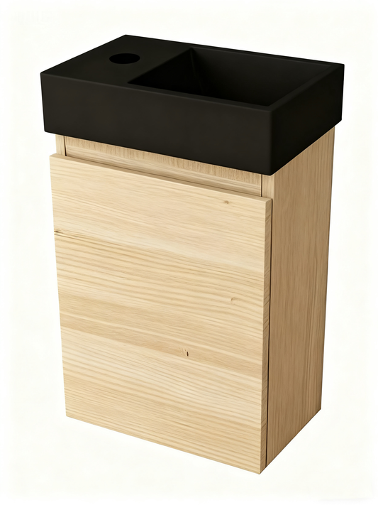 Nurion Meuble de toilette Nora - lavabo noir mat et armoire en bois clair - 41 x 22,5 x 65 cm