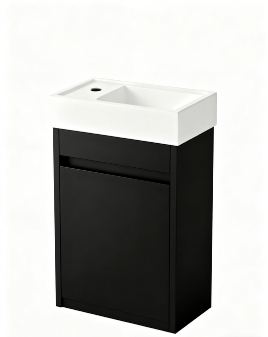 Meuble de toilette Nurion Tess - lavabo blanc brillant et armoire en bois noir - 41 x 22,5 x 65 cm